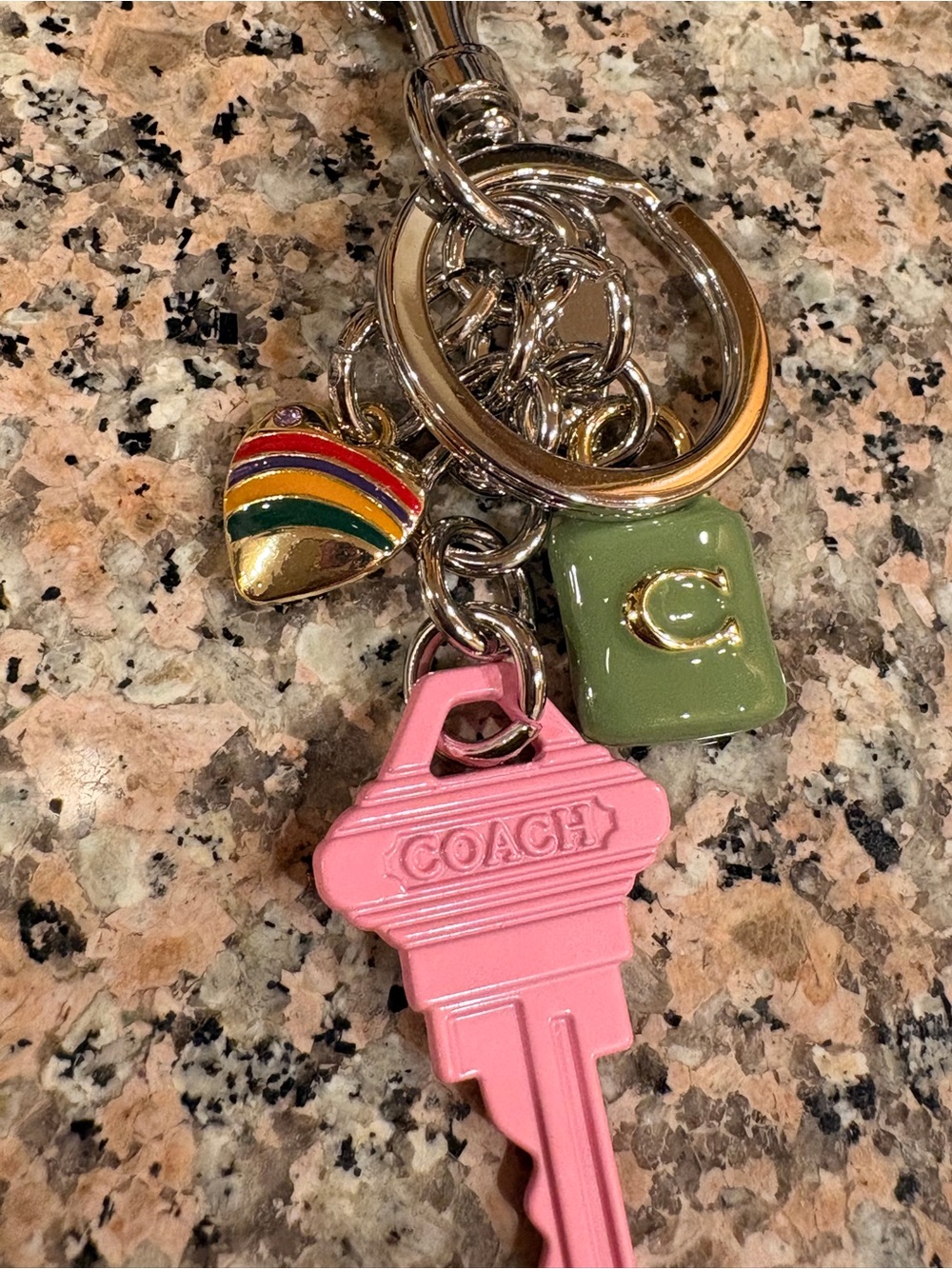 Pink Key Charm with Green 'C' Tile and Rainbow Heart Accent - Picture 5 of 6